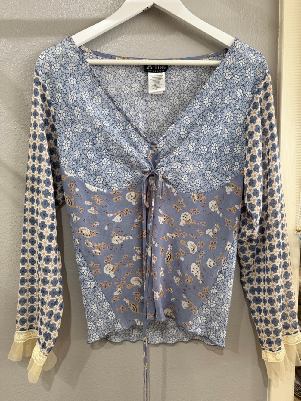 Artisan Light Blue Mixed Floral Tie-Front Blouse